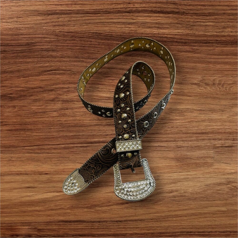 Vtg Kathy Van Zeeland Leather Belt Women L Gold Studded Rodeo Western Rhinestone